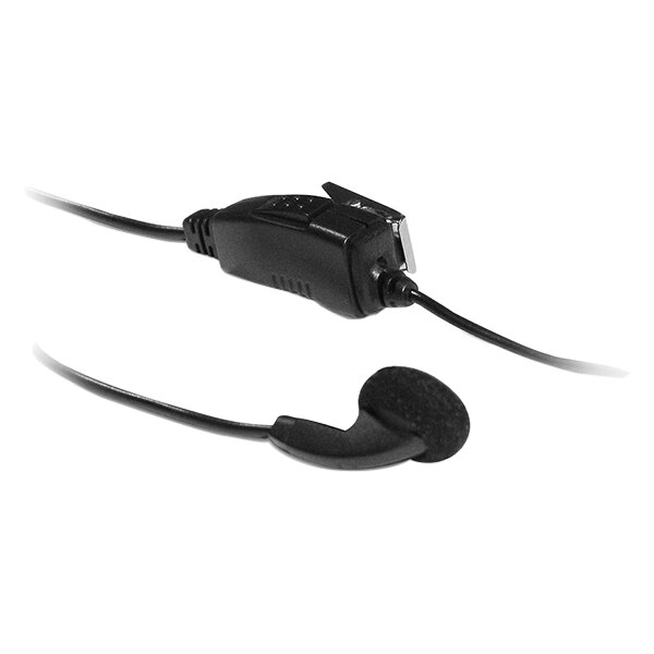 A black Kenwood earbud with a microphone and PTT clip.