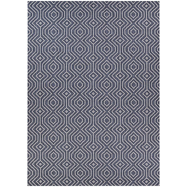 A Couristan Afuera Actinide area rug with geometric patterns in blue and grey.