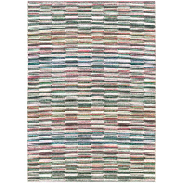 A close up of a multi colored striped Couristan area rug.