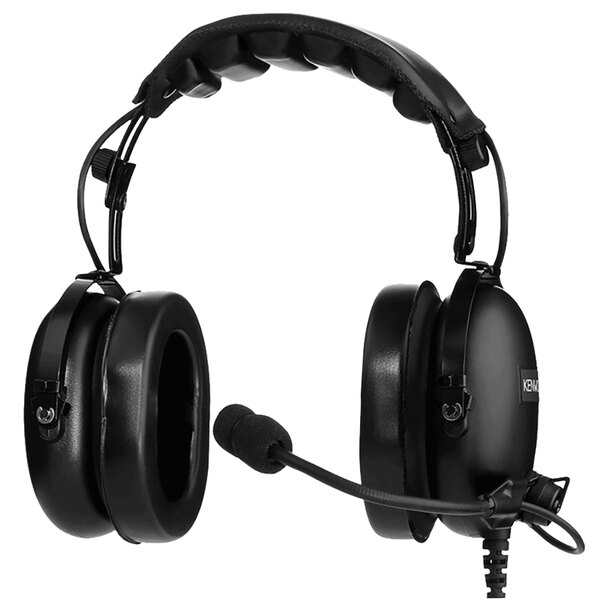 A pair of black Kenwood heavy-duty headphones with a noise-canceling boom mic.
