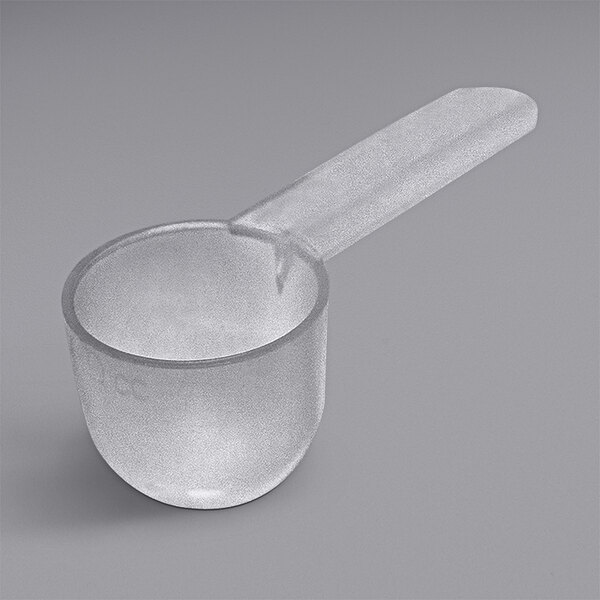 A clear plastic bowl scoop with a short handle.
