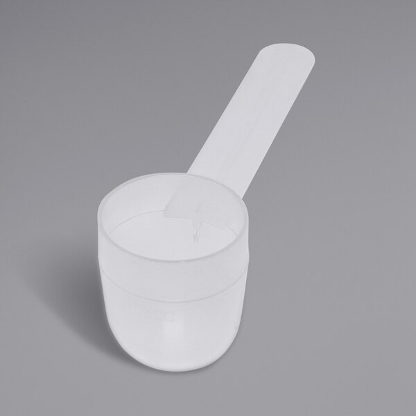 A white plastic bowl with a long handle.