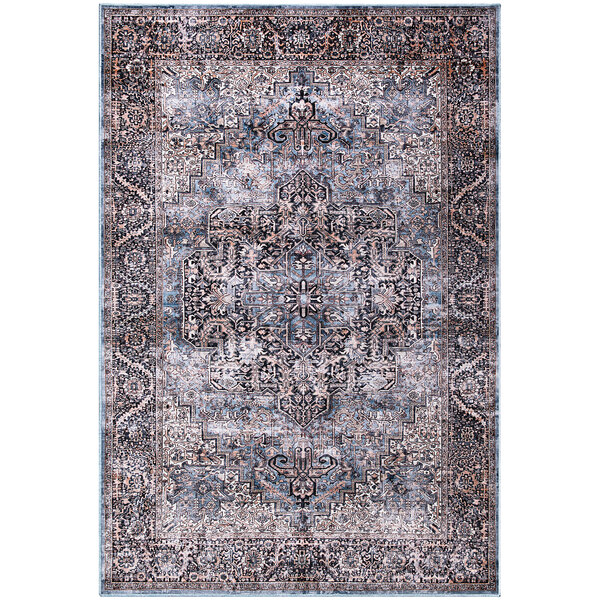 An Abani Lola Collection brown area rug with a vintage floral medallion pattern in blue and grey.