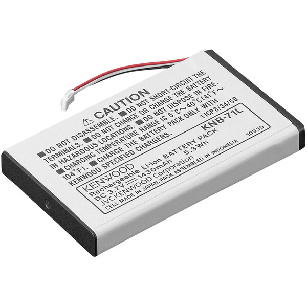 A Kenwood KNB-71L lithium-ion battery pack with black and red wires on a white background.