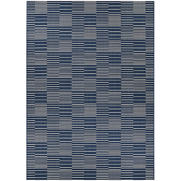 A white rectangular rug with a blue and white striped border.