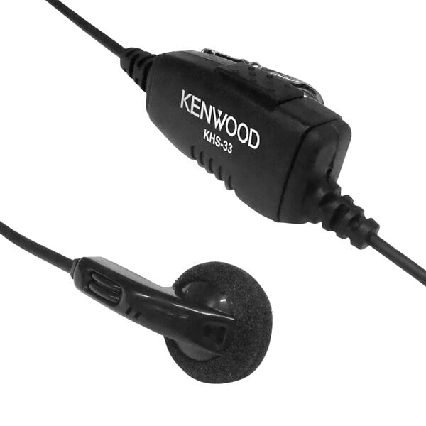 A close-up of black Kenwood earphones with a cord.