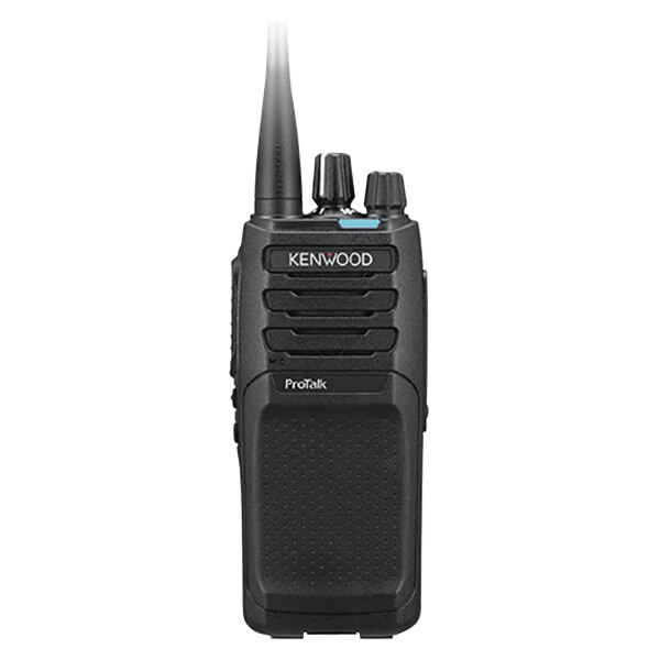 A close up of a black Kenwood ProTalk portable two-way business radio.