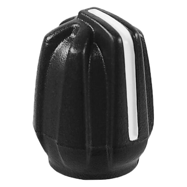 A close-up of a black Kenwood channel knob with white stripes.