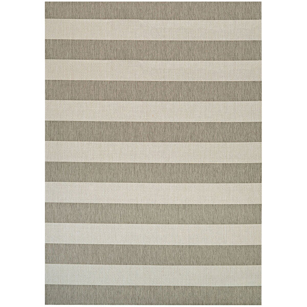 A Couristan Afuera Yacht Club area rug with beige and white stripes and a white border.