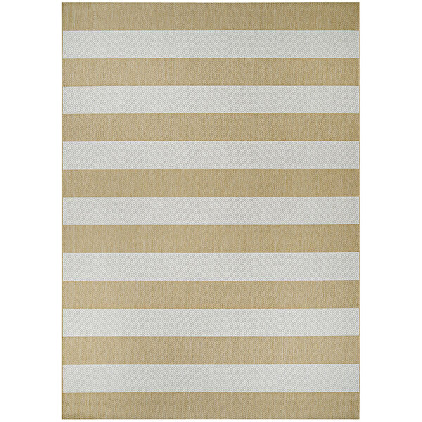 A Couristan Afuera Yacht Club butterscotch and ivory striped area rug with a white border.