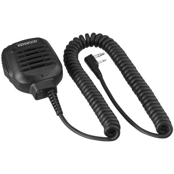 A close-up of a black Kenwood speaker microphone with a coiled cord.