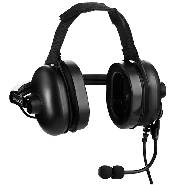 A close-up of a black Kenwood heavy-duty headset with a noise-canceling boom mic.