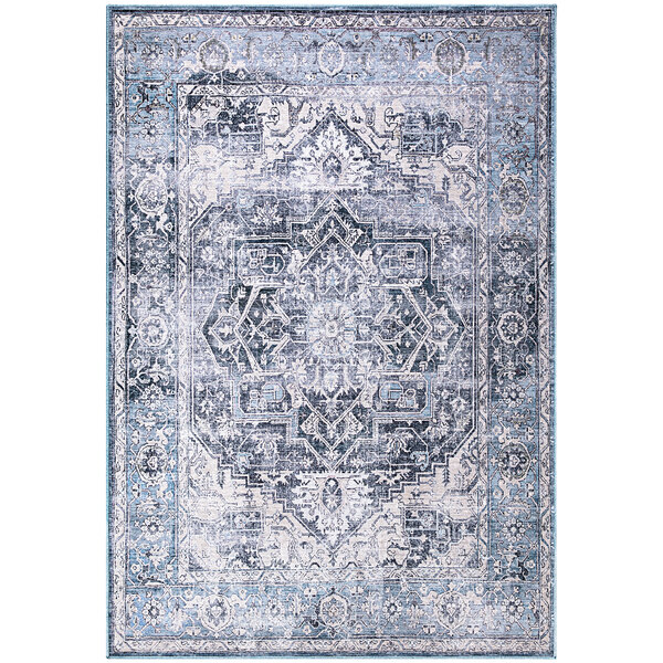 An Abani Lola Collection area rug with a blue and grey vintage medallion pattern.