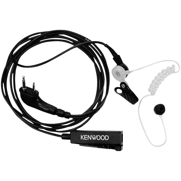 A black Kenwood earpiece with a wire.
