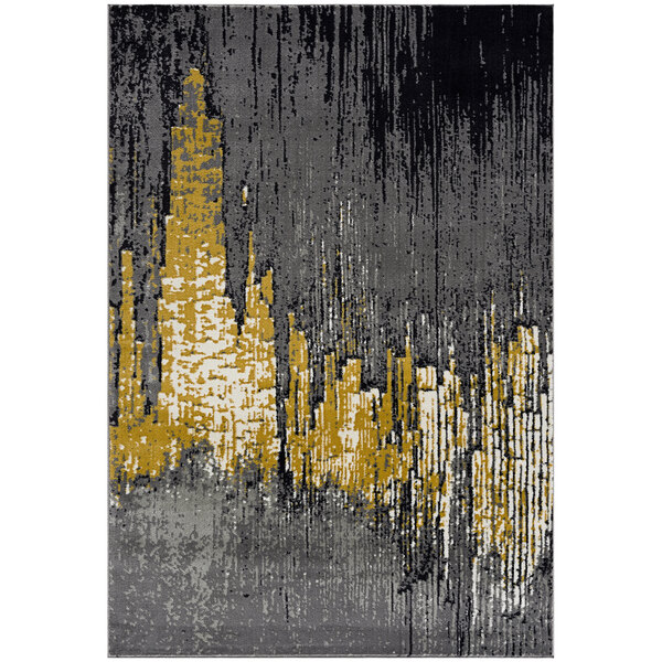 An Abani Arto Collection metallic drip area rug with yellow and grey colors in a room.