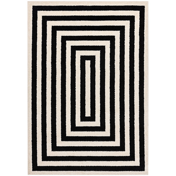 A white rectangular area rug with black lines in a square design.