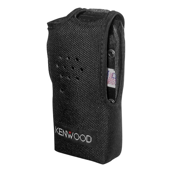 A close-up of a black Kenwood nylon case with white text.