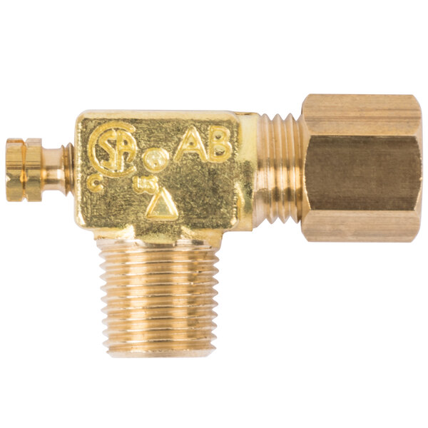 A brass Main Street Equipment regulating valve with a brass nut on a threaded nozzle.