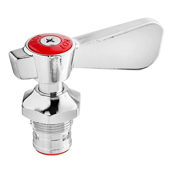 A chrome and red Regency ceramic cartridge valve with a red handle.