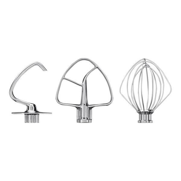 A silver KitchenAid mixer attachment kit with three pieces.