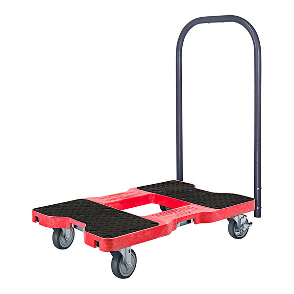 A red and black Snap-Loc dolly with black wheels.