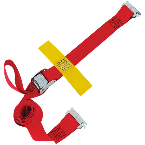 A red Snap-Loc E-Track tie-down strap with a yellow cam.