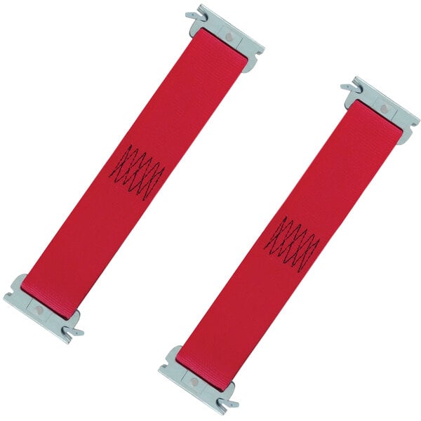 A pair of red Snap-Loc multi-purpose tie-down straps with black stitching.