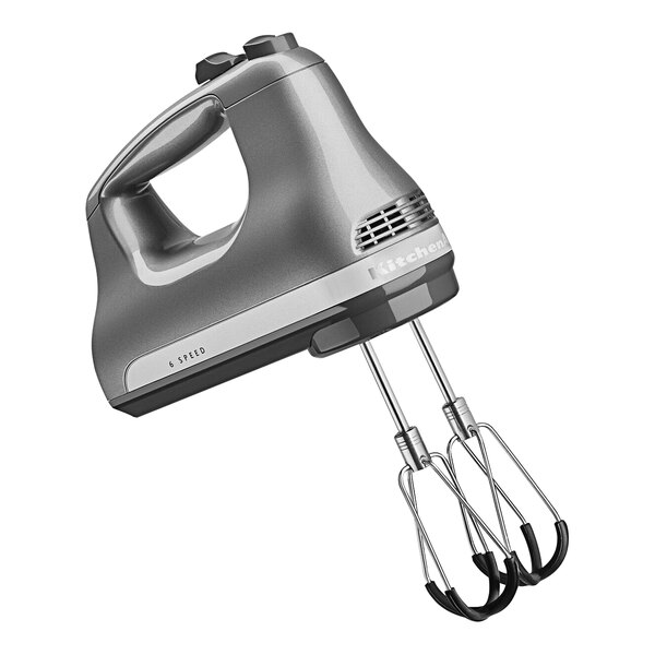 A KitchenAid Contour Silver 6-speed hand mixer with a handle.