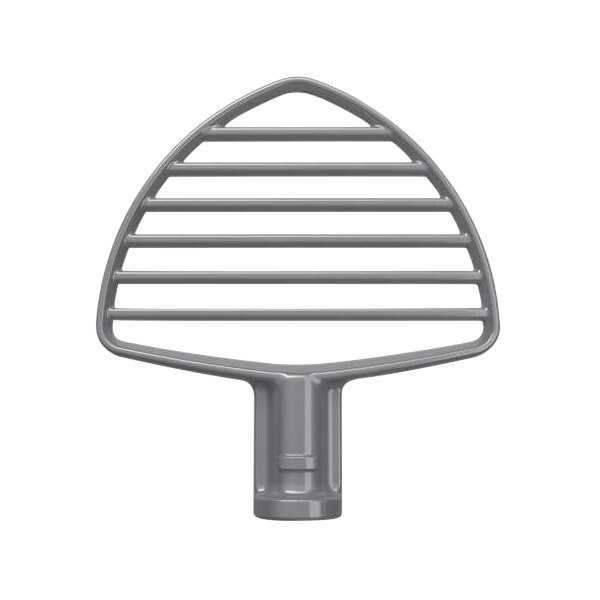A grey metal KitchenAid pastry beater with a curved design.
