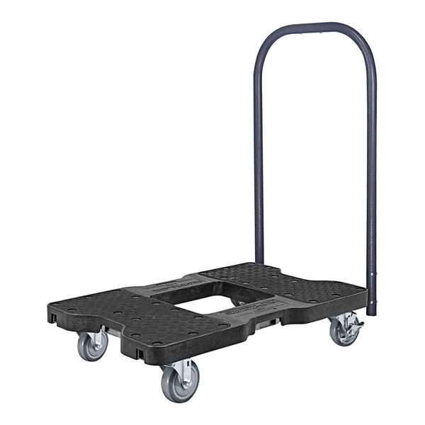 A black Snap-Loc push cart dolly with wheels.