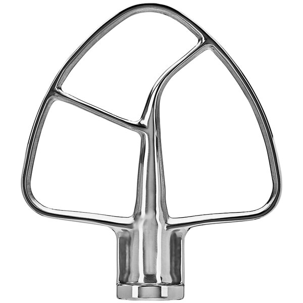 A KitchenAid stainless steel flat beater attachment for a mixer.