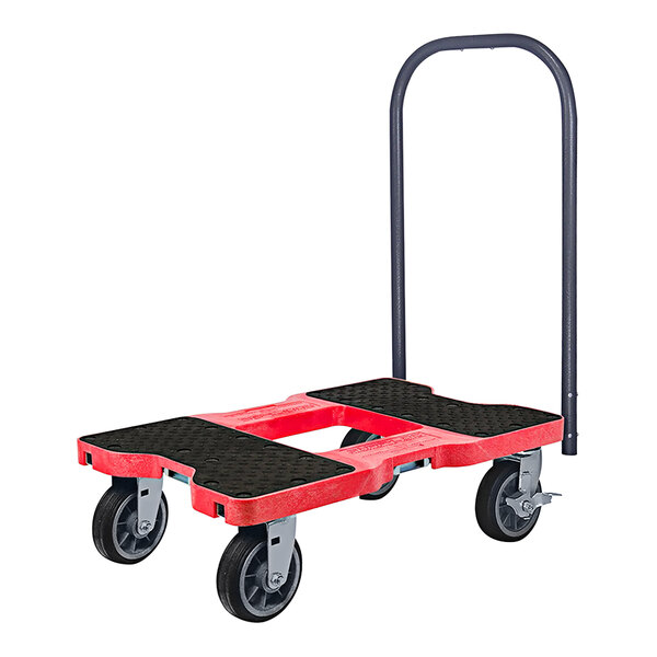 A red and black Snap-Loc E-Track push cart dolly.