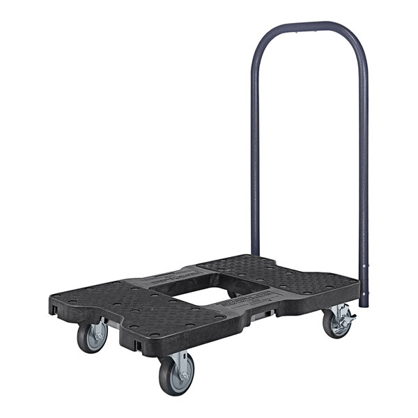 A black Snap-Loc dolly with wheels on a platform.