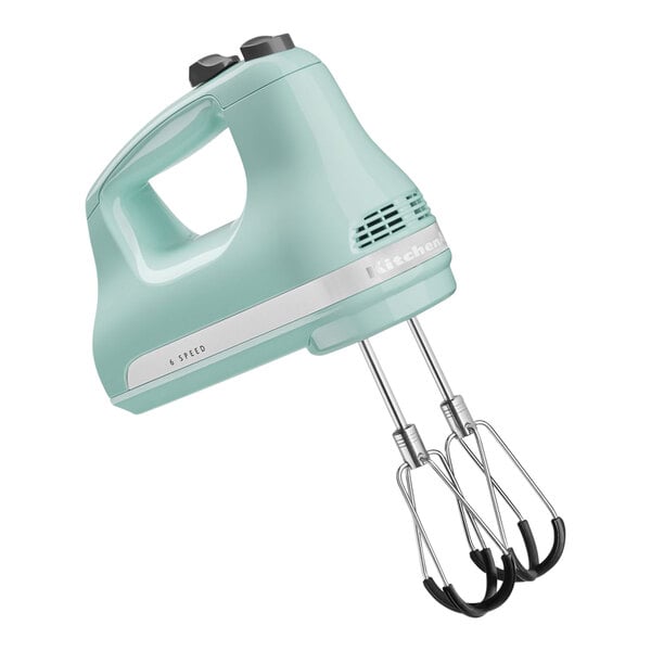 A KitchenAid ice blue 6-speed hand mixer with white flex edge beaters.