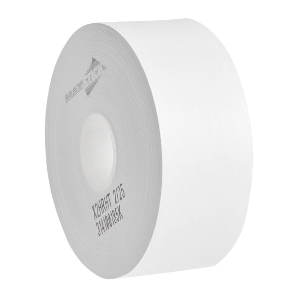 A roll of white MAXStick linerless paper with a logo on it.