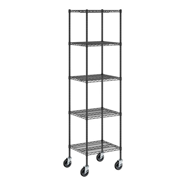 A black Regency wire shelving unit with casters.