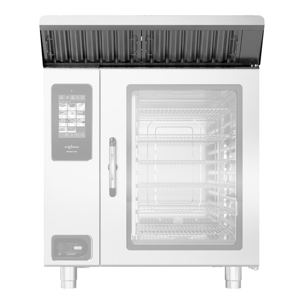 An Alto-Shaam Ventech hood for a white commercial oven with a door open.