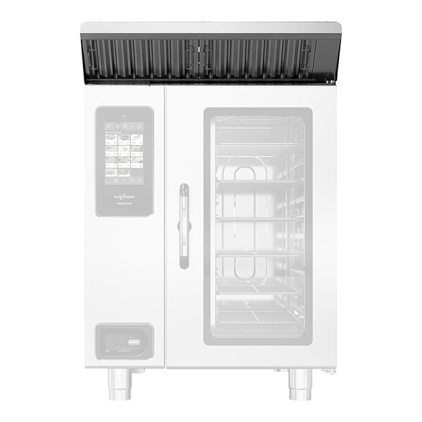 A white Alto-Shaam Ventech PLUS hood for a 10-10E Pro oven with a door open.