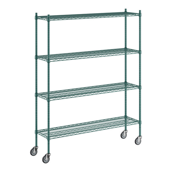 A green metal wire shelving unit with casters.