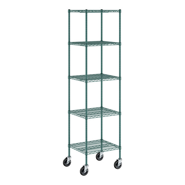 A green Regency wire shelving unit with casters.