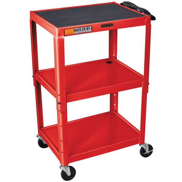 A red metal Luxor A/V utility cart with three shelves and wheels.