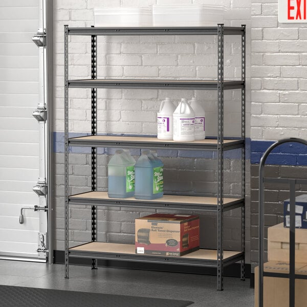 A Lavex black boltless shelving unit with shelves holding bottles and containers.