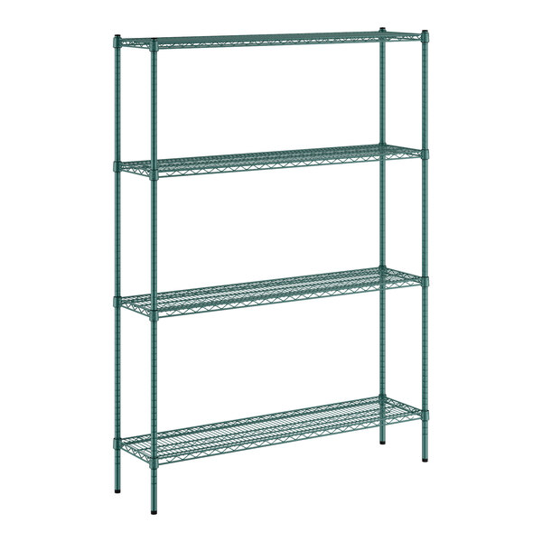 A green metal wire shelving unit with four shelves and 74" posts.