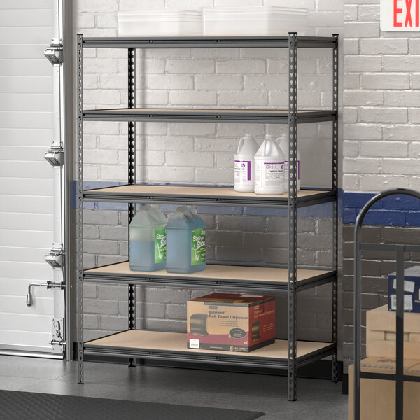 A Lavex boltless shelving unit with bottles and boxes on the shelves.
