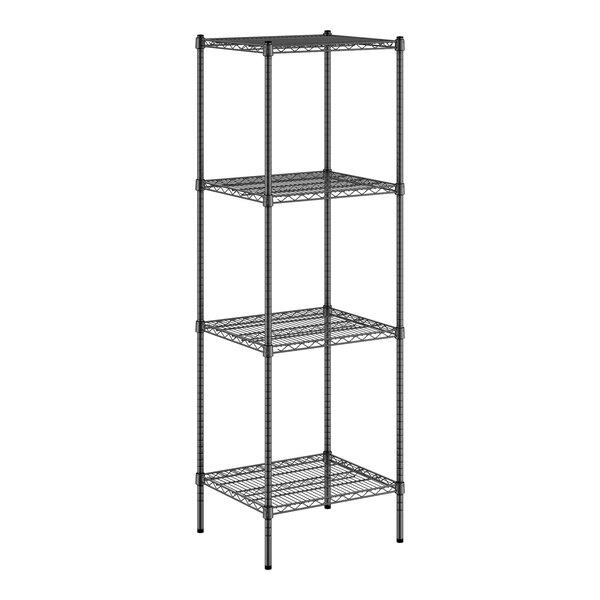 A black Regency wire shelving unit with four shelves.