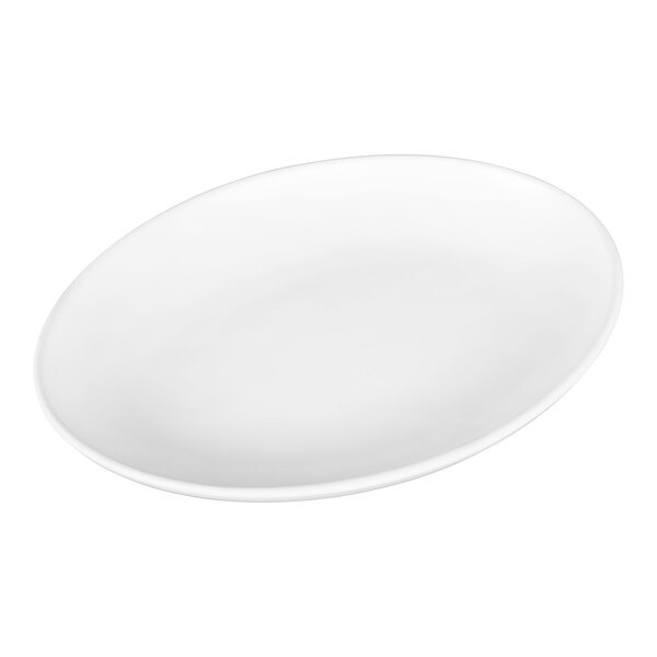 An off white Elite Global Solutions deep oval melamine plate with a rim.