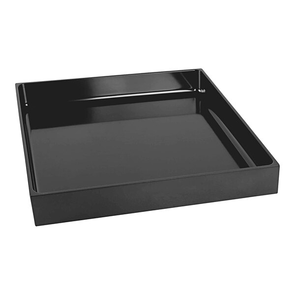 A black rectangular tray with a handle on it.