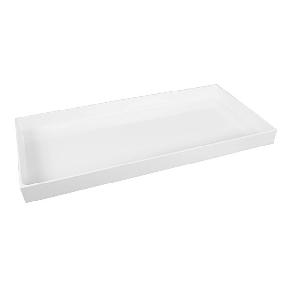 A white rectangular melamine food pan with a handle.