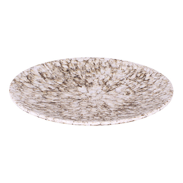 A brown marble embossed coupe melamine plate with a speckled design.