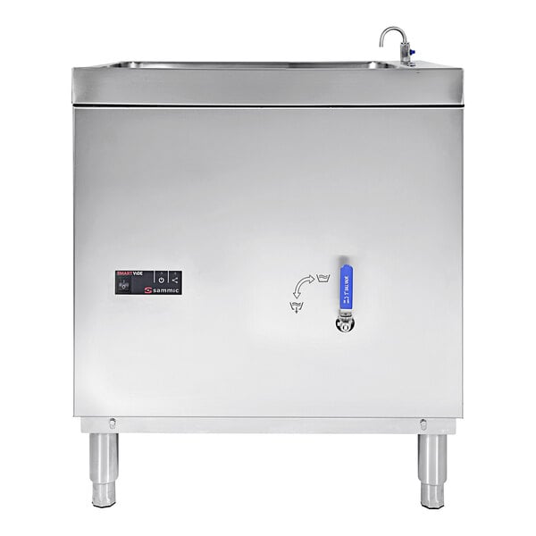 A rectangular stainless steel tank with a blue handle.